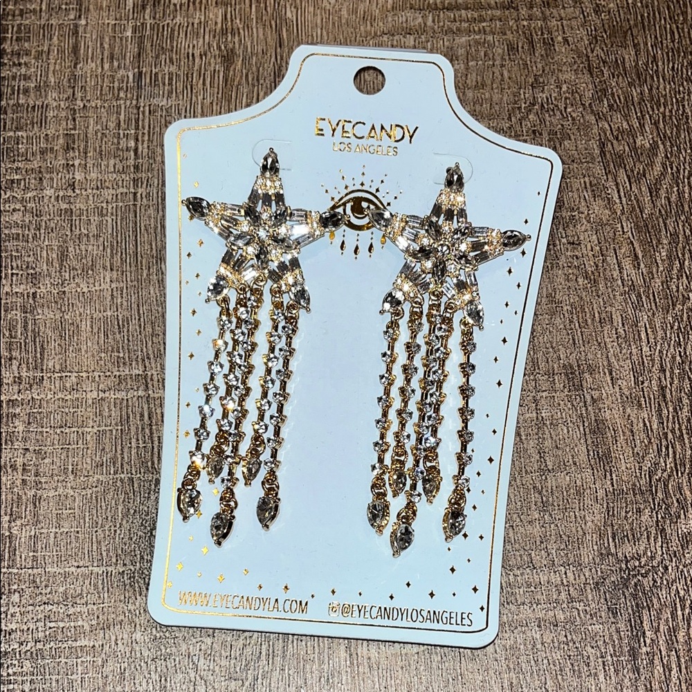 Eyecandy Los Angeles Star CZ Crystal Statement Dangle Drop Earrings Gold Fringe